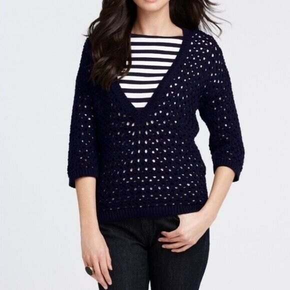 Ann Taylor Crocheted V-Neck Cotton Sweater Navy Women's Large - Picture 1 of 9